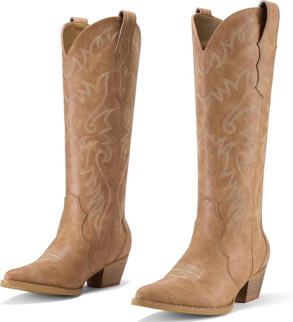 Rollda Cowboy Boots for Women Cowgirl Boots Embroidered Knee-High Western Boots Pointy Toe with Chunky Heel, Size US 7