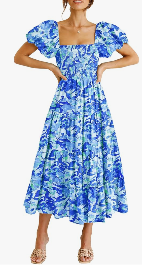 PRETTYGARDEN Women's Casual Summer Midi Dress Puffy Short Sleeve Square Neck Smocked Tiered Ruffle Dresses Small, Floral Blue