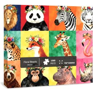 1000 Pieces Jigsaw Puzzles for Adults, Animal Series - Detailed Wildlife Art, Educational Family Game, Large 28" x 20", Great Gift for Animal Lovers & Home DecorFloral Beasts