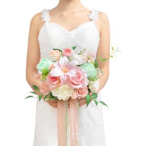 TINGE TIME Wedding Bouquets for Bride, 9 Inch Handcrafted Silk Bridal Flowers Bouquets for Wedding Ceremony, Gift for Bridesmaid, Bouquet for Party Church Decoration,and Romance Gifts (MintGreen&Pink)