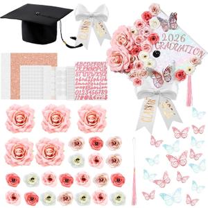Gilprop DIY Graduation Cap Decorations Kit Pink Grad Cap Topper Artificial Flower Heads 3D Artificial Bow Alphabet Letter Rhinestones Stickers Glitter Paper for Grad Party Decoration (Fresh)