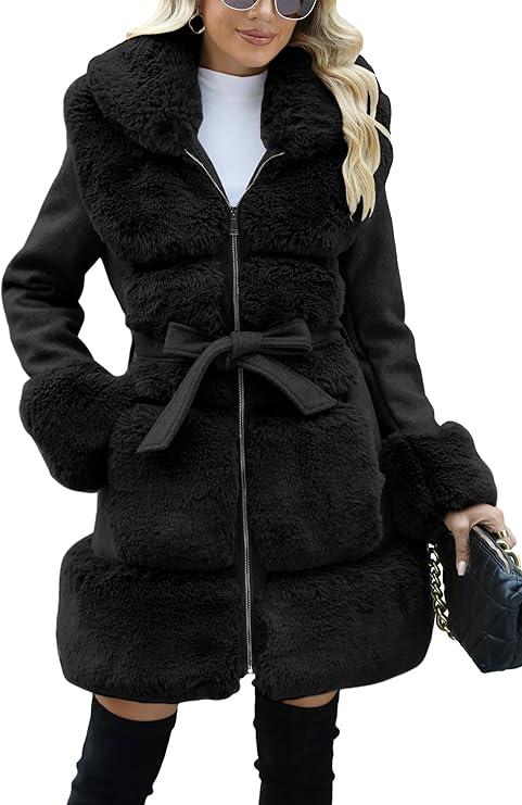 Bellivera Women's Fall Winter Coat Elegant Notched Lapel Single Breasted Trench Coat with Detachable Faux Fur Collar M