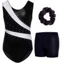 Gogokids Gymnastics Leotards for Girls Sparkly Rhinestone Dance Unitard with Shorts & Hair Scrunchie Activewear (Black,120)