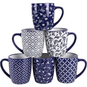 Schliersee 18 OZ Large Coffee Mugs Set of 6, Ceramic Mug for Man Woman, Blue White Geometric Floral Porcelain Cup for Latte, Tea, Cappuccino, Mocha, Cocoa, Housewarming Wedding Mug Present
