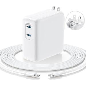 Essri MacBook Pro Charger,75W USB C Charger with Foldable Plug,Dual 75W Ports Fast Charging for MacBook Pro Air,iPad Pro,iPhone 17/16/15,Includes 10FT USB C to C Cables - White