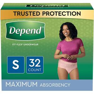 Depend Fit-Flex Incontinence Underwear for Women, Disposable, Maximum Absorbency, Small, Blush, 32 Count, 32 Count