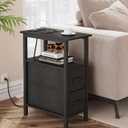 Narrow Side Table for Small Spaces, Skinny End Table with Charging Station, Sofa Beside Table with 2 Fabric Drawers and 1 Open Compartment, Slim Nightstand with USB Ports Outlet, Black UTBT004B