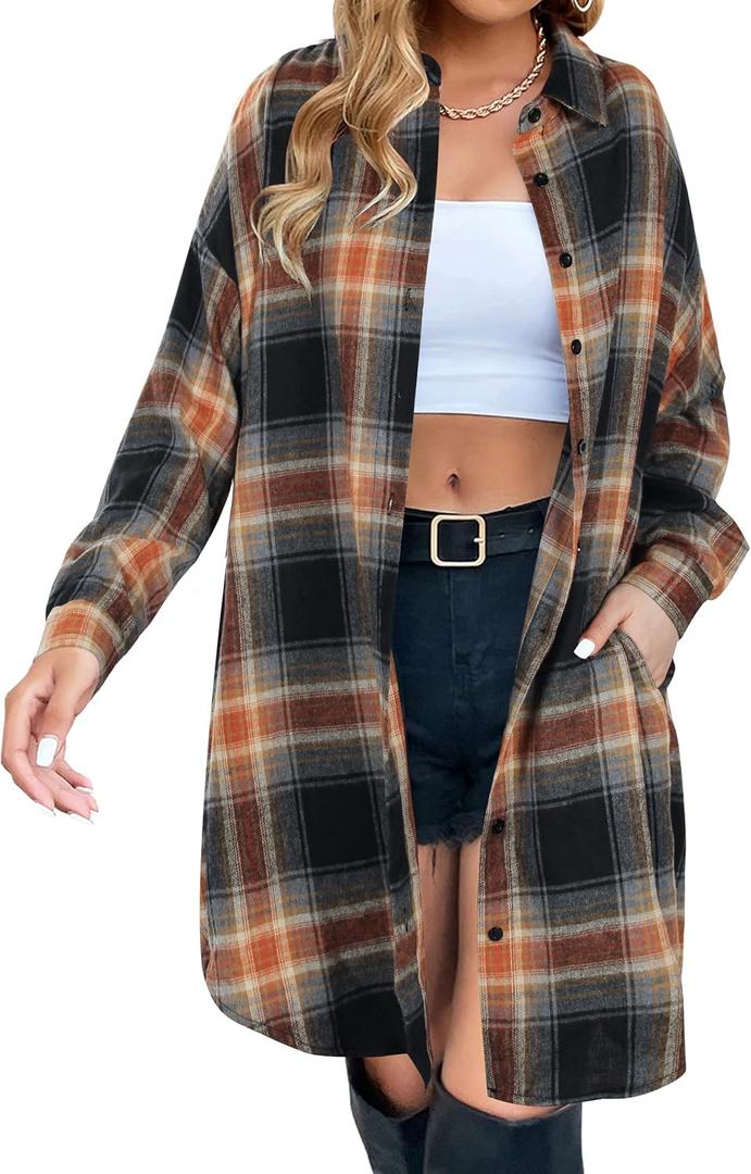 Blooming Jelly Women's Button Down Flannel Shirts Plaid Shacket Long Sleeve Collared Long Jacket Coats (X-Large, Sandy Brown and Black Plaid)