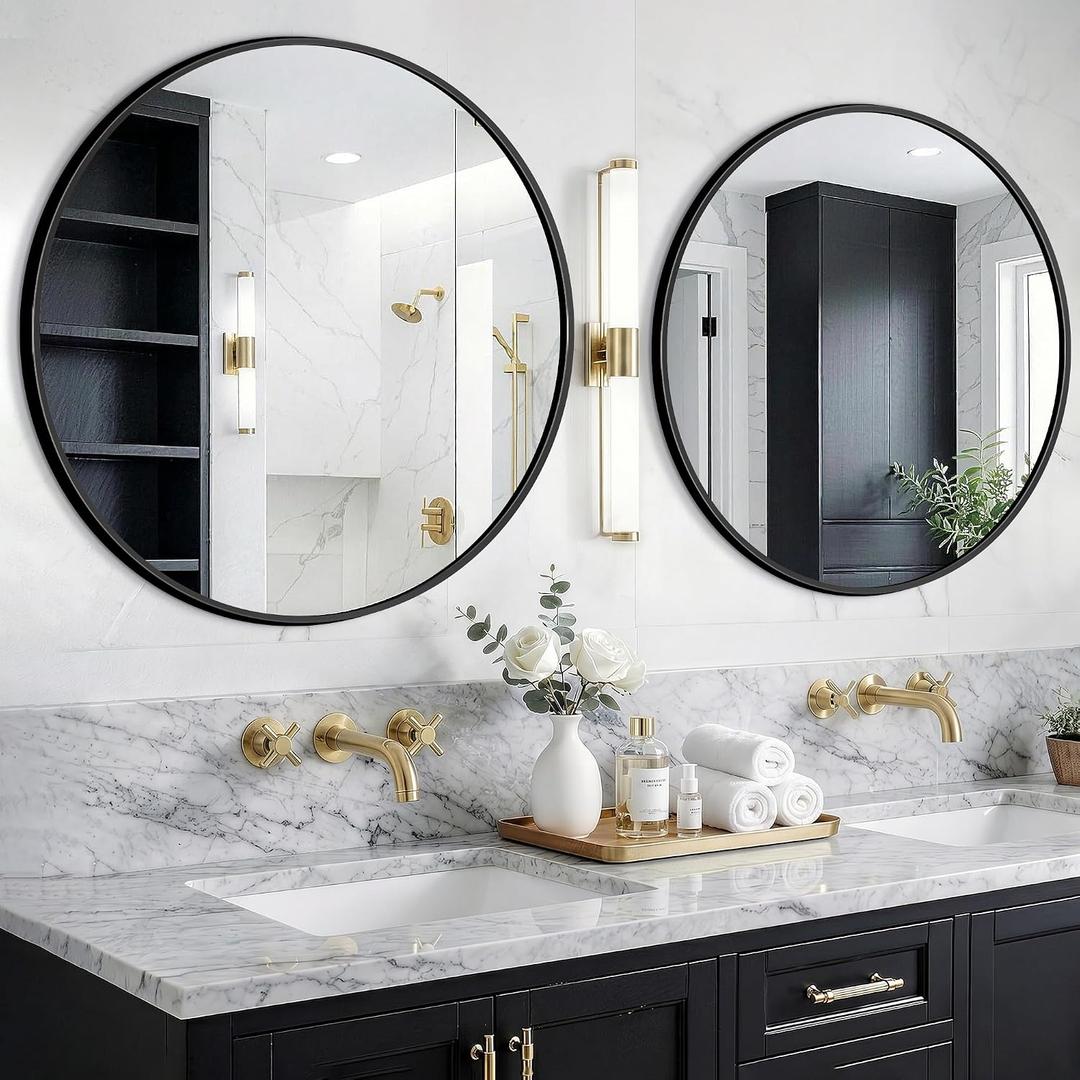 Round Bathroom Mirror for Wall, 2 Pack 30" Black Circle Mirror, Tempered Glass Bathroom Mirror for Over Sink, Modern Metal Framed Round Vanity Mirror for Entryway, Bedroom, Living Room