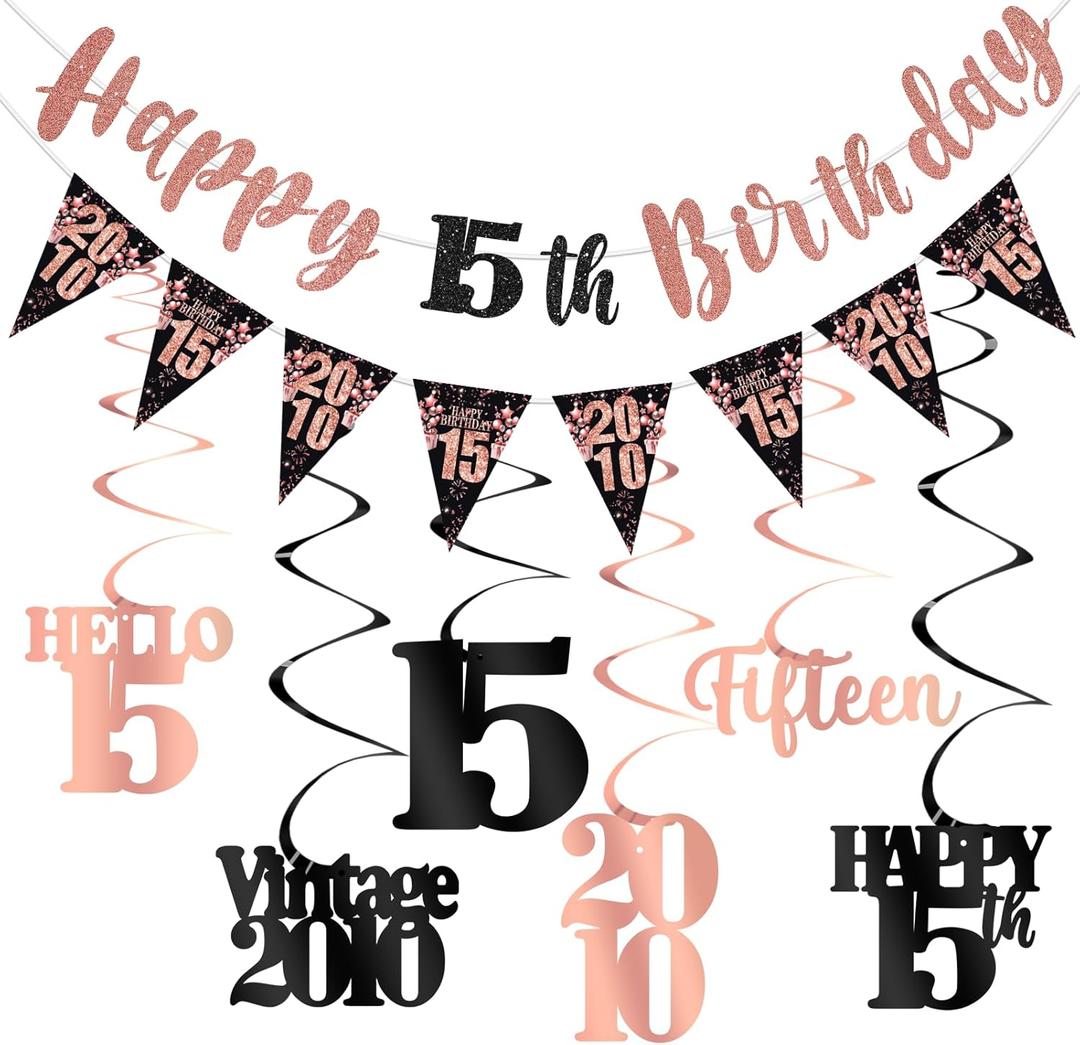 15th Birthday Decorations for Girls, Black Rose Gold Happy 15th Birthday Banner Hanging Swirls Vintage 2010 Birthday Decorations Kit Hello 15 Party Supplies
