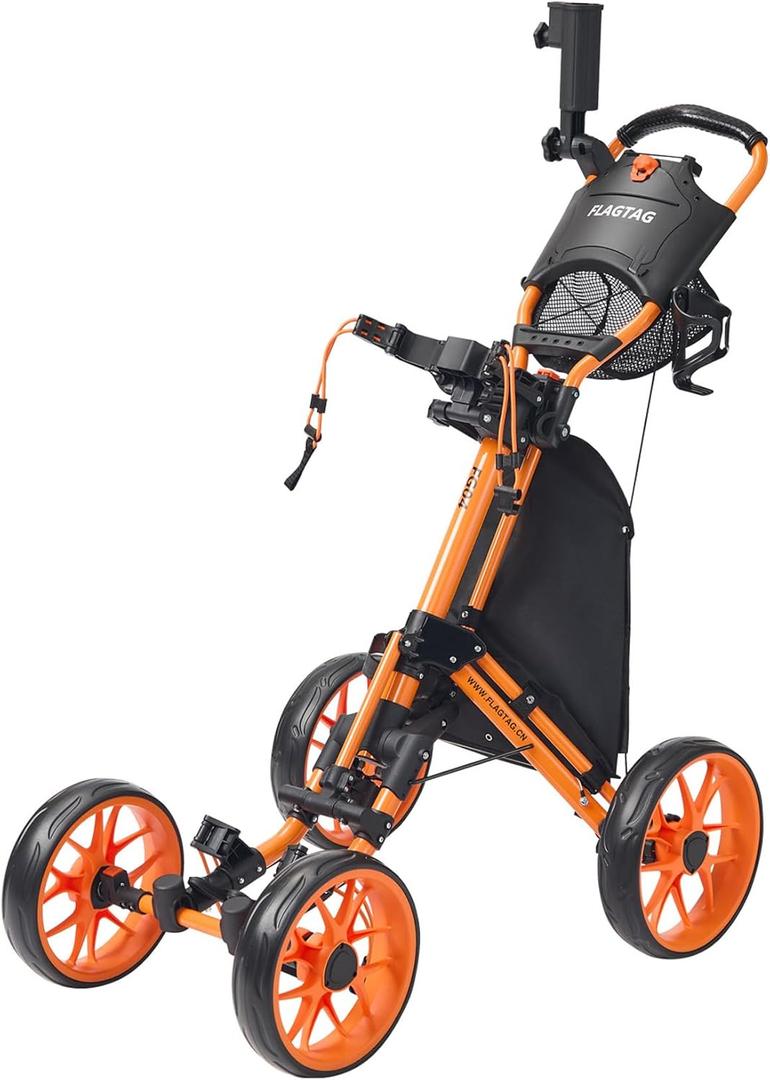 Golf Push Cart 4-Wheels,Folding Golf Cart, Golf Pull cart with Cup Holder,Umbrella Holder,Cooler Bag, Foldable with one-Click,Handle Height Adjustable,Drink Holder,Walking Push cart (Orange)