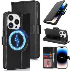 Zouzt for iPhone 14 Pro 6.1" Genuine Leather Wallet Case with Card Holder, for MagSafe Magnetic Wireless Charging, Flip Folio Book Kickstand Shockproof Cover Women Men for iPhone 14 Pro - Black