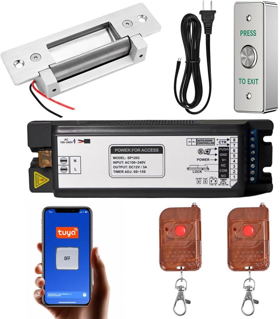 Smart Door Access Control System Electric Strike Lock Kit with Tuya App & Remote Control Stainless Steel Exit Button