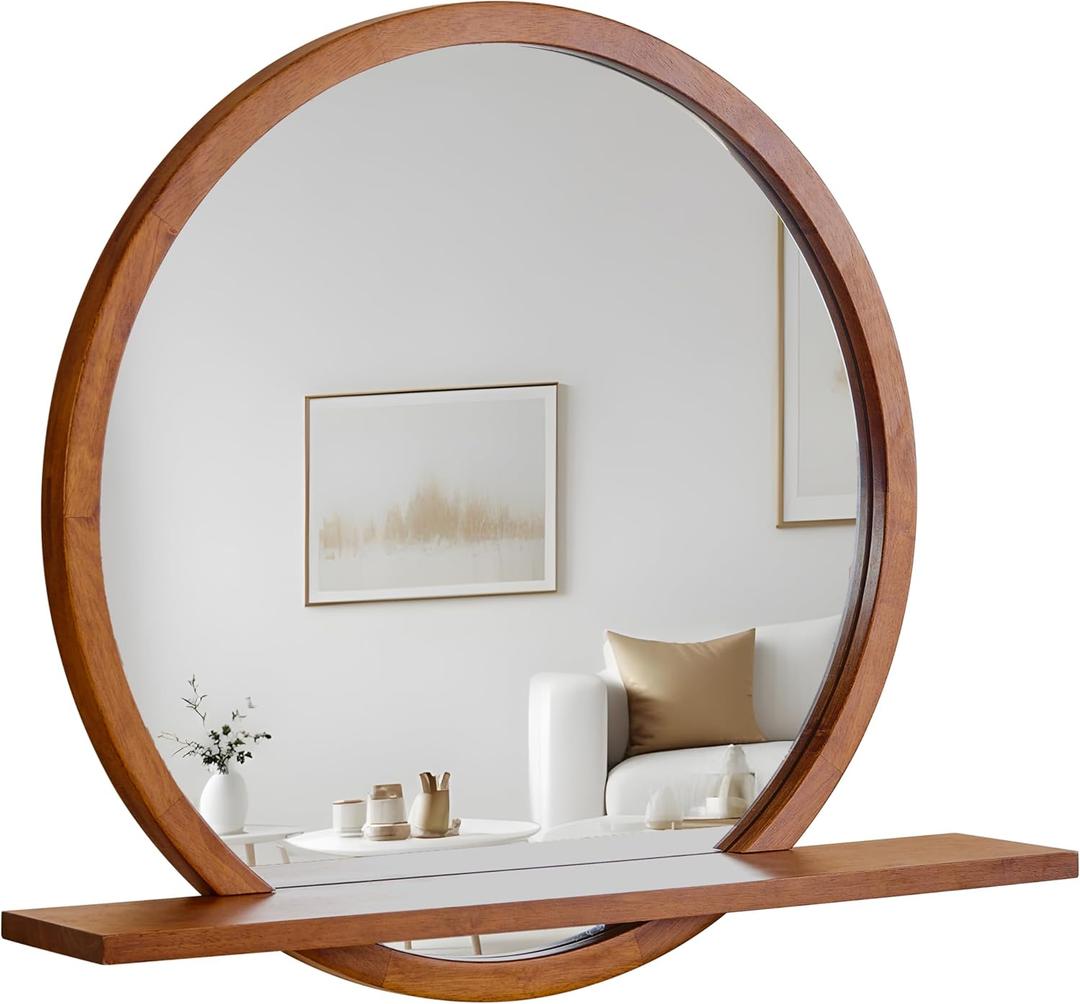 Solid Wood Wall Mirror with Shelf  Round Wood Frame Mirror for Entryway, Bathroom or Living Room  Handcrafted Look  24 Inch