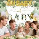 Sage Green Baby Shower Decorations Set- Sage Green Balloon Arch Kit, Pom Poms, OH BABY Banner, Backdrop, tablecloth for Gender Reveal Party Supplies