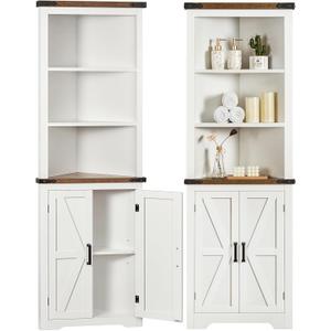 TEENFON Farmhouse Corner Cabinet, 70" H Tall Corner Hutch with 5 Shelves & 2 Barn Doors, Bathroom Cabinet with Adjustable Shelf, for Living Room, Kitchen, Bathroom, White