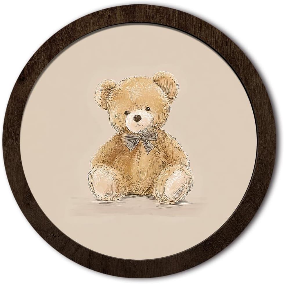 DDYGZYW Kids Room Decor,Bear Nursery Framed Wall Art,Cute Bear Gender Neutral Nursery Round Wooden Wall Art Decor for Kids Boys Girls Toddler Bedroom Room Playroom, 9.8x9.8 Inch