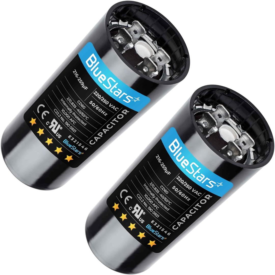 Upgraded Version 2 Packs 216-259 uF/MFD 220-250V Round Start Capacitor Replacement Part by Blue Stars - Exact Fit for AC Motor Run or Fan Start and Cool or Heat Pump Air Conditioner