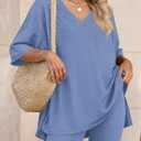PRETTYGARDEN 2 Piece Sets for Women Summer 2026 Lounge Short Set Spring Matching Biker Shorts V Neck Oversized Shirt Clothing (Blue, XL)