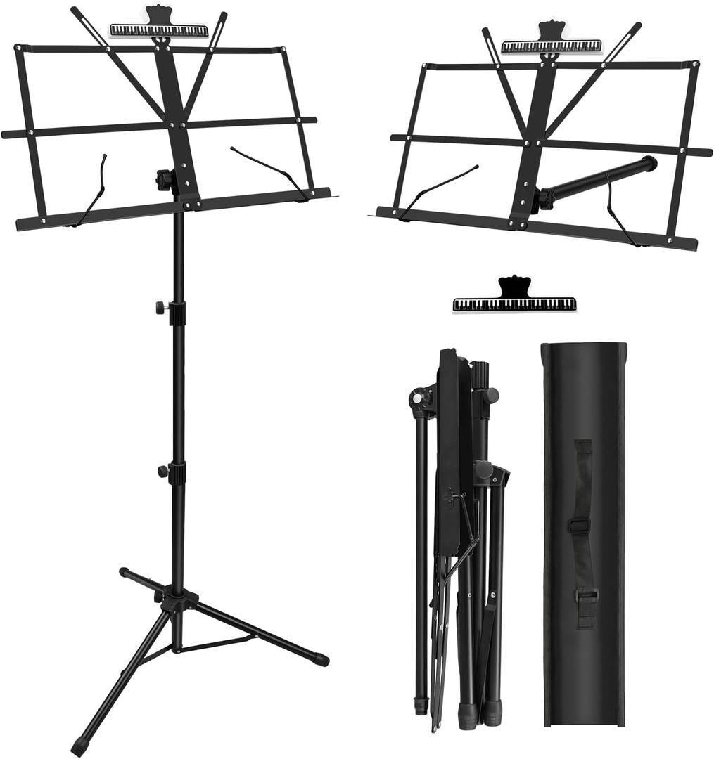 1/2/4 Pack Music Stand, 2 in 1 Dual-Use Folding Sheet Music Stand, Lightweight Portable Adjustable Desktop Book Stand with Music Sheet Clip Holder & Carrying Bag(1 Pack Black)