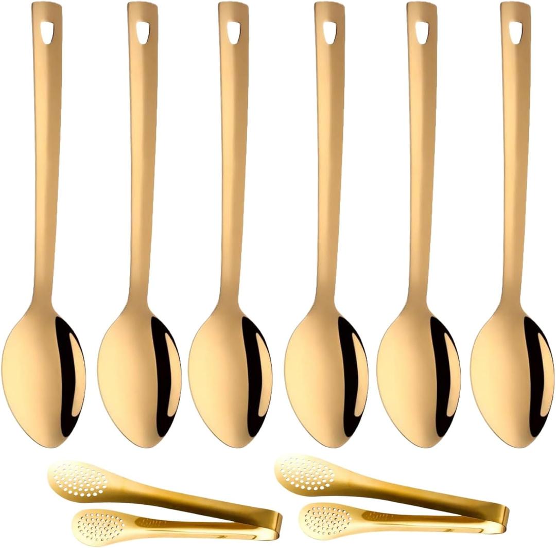 Stainless Steel Flatware Set of 8, 13-Inch Long Handle Gold Buffet Serving Spoons and 9-Inch Barbecue Tongs for Banquet