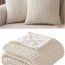 MIULEE Throw Pillow Covers Soft Corduroy Decorative Set of 2 Boho Striped Pillow Covers Pillowcases Farmhouse Home Decor for Couch Bed Sofa 20x20 Inch Cream White Bundle Fleece Blanket 50x60 inch