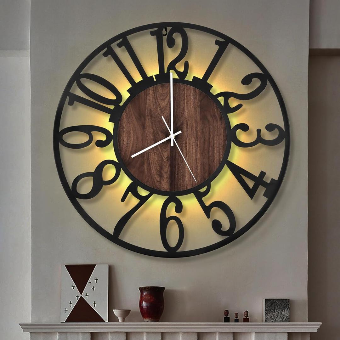 LEIKE Large LED Wall Clocks,Silent,Non Ticking,Battery Operated Rustic Round Modern Big Wood Wall Clock for Living Room, Bedroom,Kitchen,Farmhouse,Office,Home Decor -24" Black,LED,Arabic Number