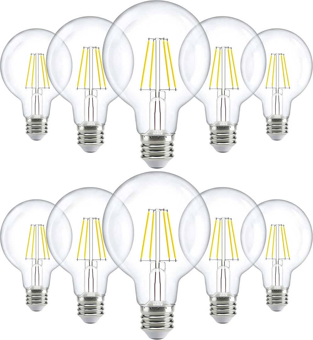Sunco 10 Pack G25 LED Light Bulbs, Filament Edison Globe, Vanity Lighting Bulb for Bathroom Bedroom, 500 LM, 5W (60W Equivalent), 3000K Warm White, Dimmable, E26 Base, Clear UL