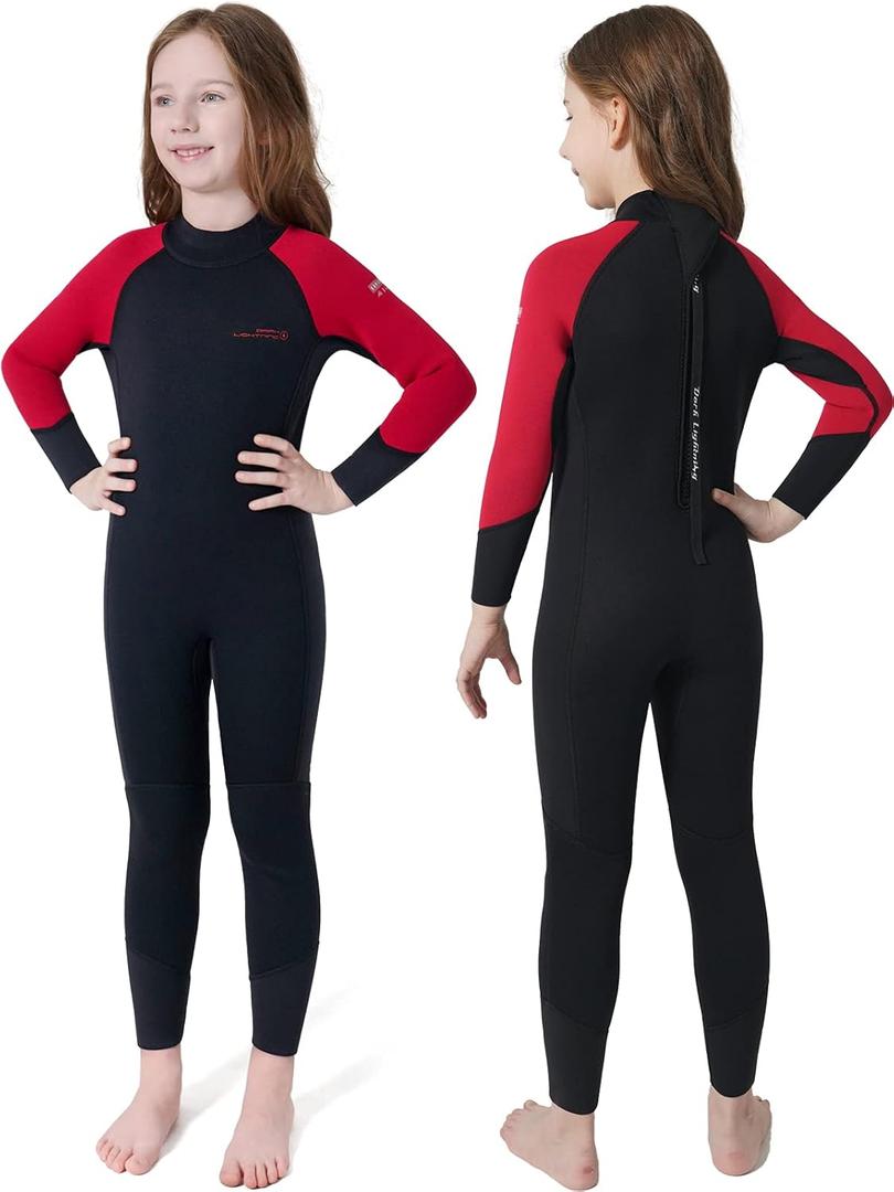 Dark Lightning 3/2mm Kids Wetsuit for Boys and Girls, Neoprene Thermal Swimsuit, Toddler/Junior/Youth One Piece Wet Suits for Scuba Diving (Medium, Full-Red)