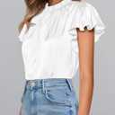 PRETTYGARDEN Business Casual Tops for Women Blouses Dressy 2026 Summer Short Sleeve Ruffle Satin Work Office Attire (White, L)