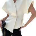 Cicy Bell Womens Trendy V Neck Tops Shirts Short Sleeve Button Down Slim Waist Summer Blouses (Small, White)