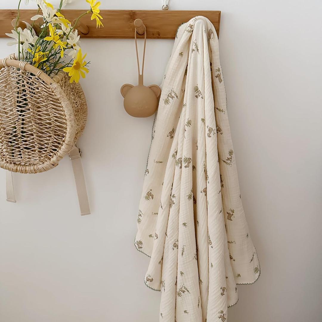 BuLuTu Gray Rabbit Pattern Cotton Muslin Toddler Blanket Large Crib Quilt Soft Breathable Toddler Bed Blankets Baby Boys Girls Swaddle Blankets, All Seasons, 47"x51"