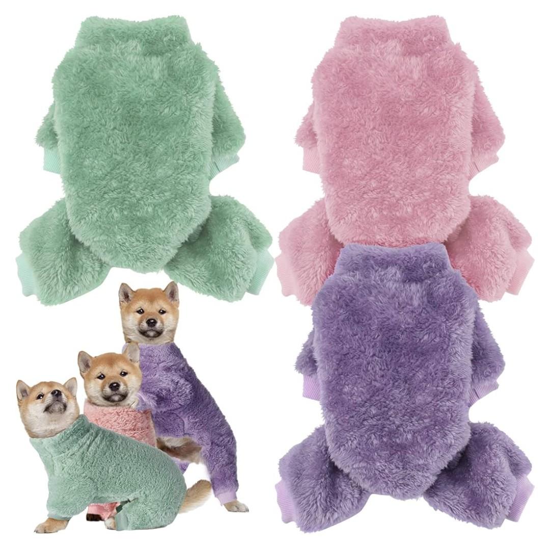 Reginary 3 Pieces Dog Pajamas Puppy Clothes Winter Coats Elastic Pajamas for Puppy Fluffy Jumpsuit Fleece Sweater for 4 Legs Dog Bodysuit(Large,Pink, Purple, Green)