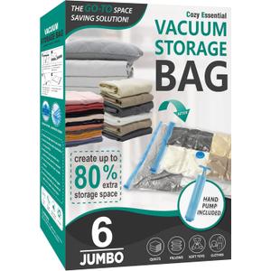 Cozy Essential 6 Jumbo Vacuum Storage Bags, Space Saver Bags Compression Storage Bags for Comforters and Blankets, Vacuum Sealer Bags for Clothes Storage, Hand Pump Included