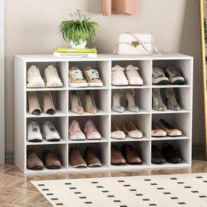 Garden 4 you Shoe Storage Bench, Cubby Shoe Rack with 16 Cubbies, 4-Tier Wood Shoe Rack Organizer, Shoe Organizer Cabinet for Entryway, Hallway, Closet and Garage, White, 16-cube 4-tier