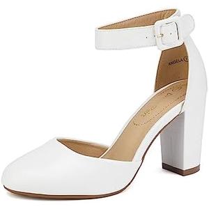 DREAM PAIRS Women's High Heel Ankle Strap Closed Toe Chunky Wedding Pumps Shoes, Size US9