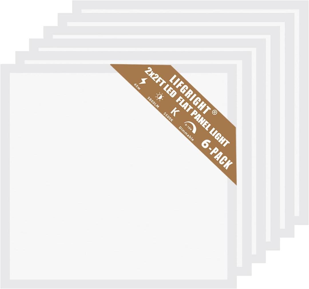 Lifgright 6 Pack 2x2 LED Flat Panel Light 45W, 5800LM, Edge-Lit 2x2FT LED Panel Drop Ceiling Light Fixtures, 5000K Daylight White, 0-10V Dimmable Troffer Lights, Works from 110-277V AC