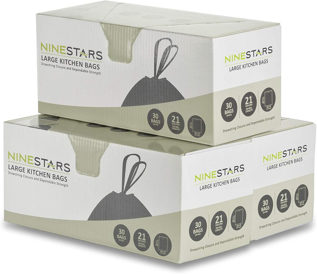 NINESTARS Extra Strong White Trash Bag w/Drawstring Closure, 21 Gal. / 79 L., 30 count, Pack of 3
