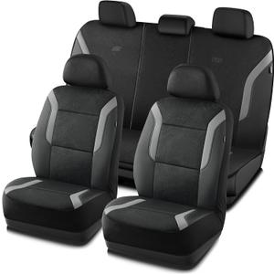 Skechers Memory Foam Car Seat Covers, Air Cool Mesh Thick Seat Covers, Car Seat Protector Full Sets, Airbag Compatible, Automotive Comfort Protection for Most Cars,Vans,Trucks, SUVs,Grey (Full Set, Black&Grey)