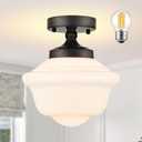 Bagood 8" Schoolhouse Light Fixtures Ceiling Black Schoolhouse Lights Fixture Mid Century Light Fixtures Milk Glass Lights Fixture Semi Flush Mount Ceiling for Bathroom Kitchen (Bulb Incl.)