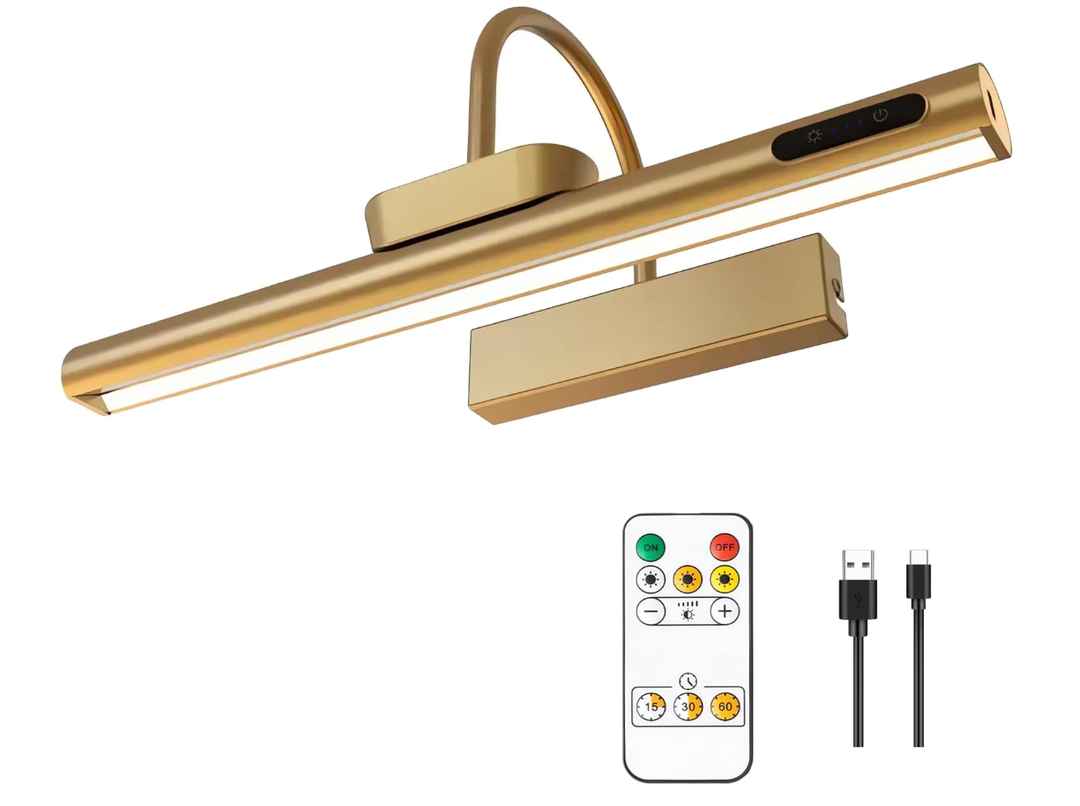Dimmable Cordless Picture Light with Controller and Timer, Rechargeable 5000mAh Battery Wall Sconce for Wall Pictures, Gallery Artwork, Paintings, Portraits, Dartboards (Gold)