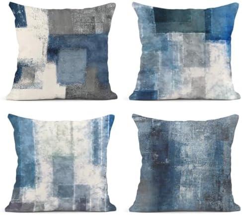 Emvency Set of 4 Throw Pillow Covers Blue and Grey White Art Artwork Contemporary Decorative Gray Cushion Sofa Bedroom Car Decor Pillow Cases Home Decorative Square 18x18 Inches Pillowcases