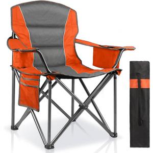 Oversized Padded Camping Chairs for Adults,Heavy Duty Support 400 Lbs,Folding Portable Lawn Chair w/Cup Holder,Cooler Bag,Side Pocket,Perfect for Outdoor Picnic,Hiking(Orange), 1 Pack