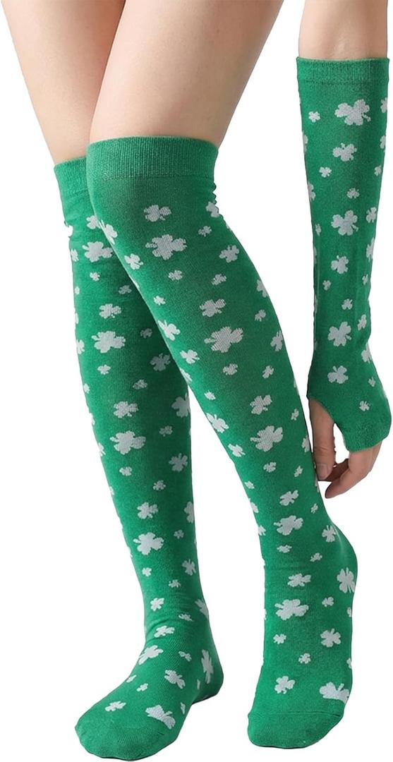 St Patricks Day Socks Thigh High Shamrock Socks & Gloves Set - Green Socks, Perfect Irish Gifts for St Patricks Day Party Favors, Women, Men and St. Patrick's Day Decorations