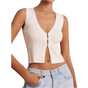 GORGLITTER Women's Knit Top V Neck Sleeveless Button Down Sweater Vest (White, M)