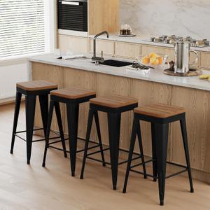 Bar Stools Set of 4 Metal Bar Stool Counter Height Bar Stools Black, Modern 26" Bar Chairs Without Back,Wooden Seat Bar Stool Counter Height