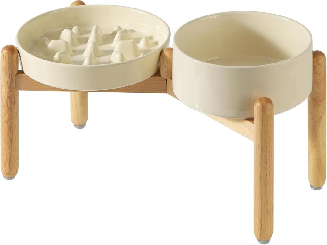 Havniva Ceramic 3.2 Cup Raised Slow Feeder Dog Bowl Set, Elevated 8.2inch Bowl and 9.5inch Slow Pet Food Dish with Wooden Stand for Large Dog (2 xLight Yellow+ Stand)