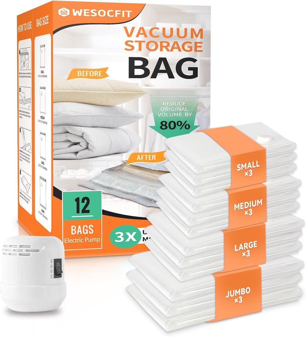 12 Pack Vacuum Storage Bags with Electric Pump, (3 Small, 3 Medium, 3 Large, 3 Jumbo) Vacuum Seal Bags for Clothing, Space Saver Bags for Travel, Luggage Compression Packing