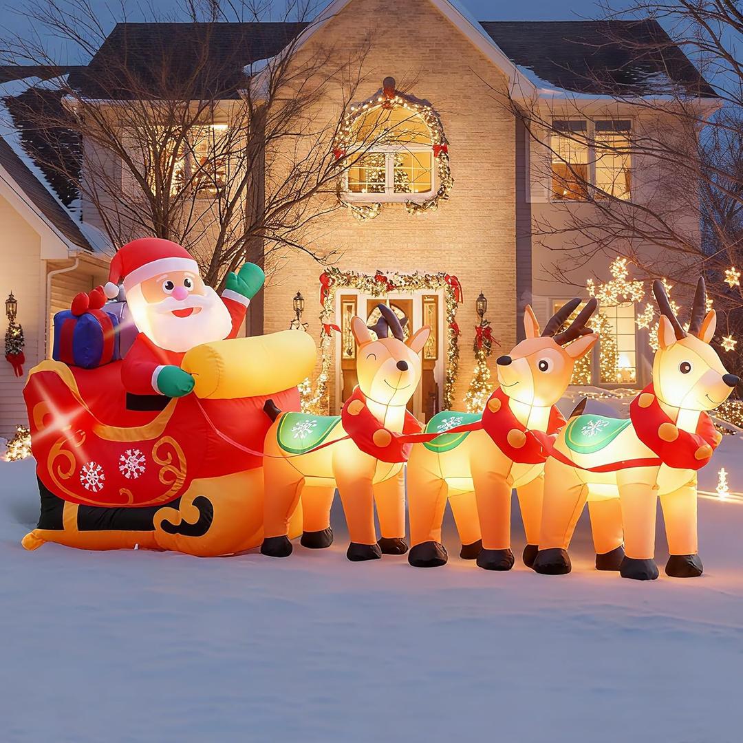 10FT Christmas Inflatables Santa and Reindeer,Blow Up Santa Sleigh and Reindeer Outdoor Decorationwith Built-in LED Lights for Indoor, Cute Blow Up Santa Gifts Perfect for Lawn, Garden, Patio