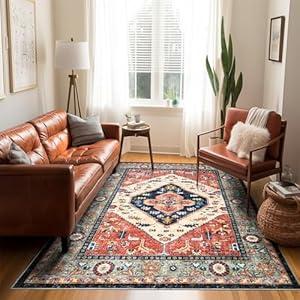 Washable Living Room Area Rugs - 6x9 Large Soft Machine Washable Non-Slip Area Rugs, Vintage Oriental Traditional Carpet for Bedroom Dining Room Indoor Dorm Office Decor Red/ Beige